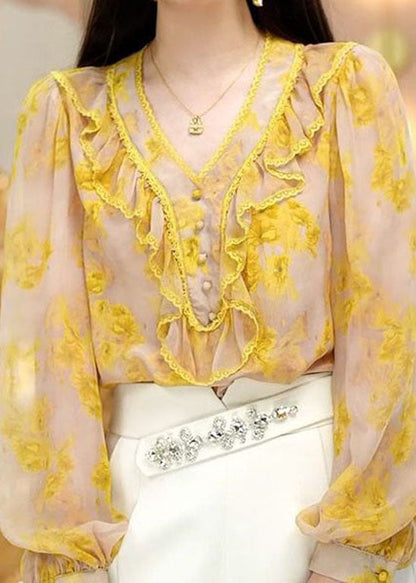 Fine Yellow V Neck Ruffled Print Chiffon Top Spring LC0252 - fabuloryshop