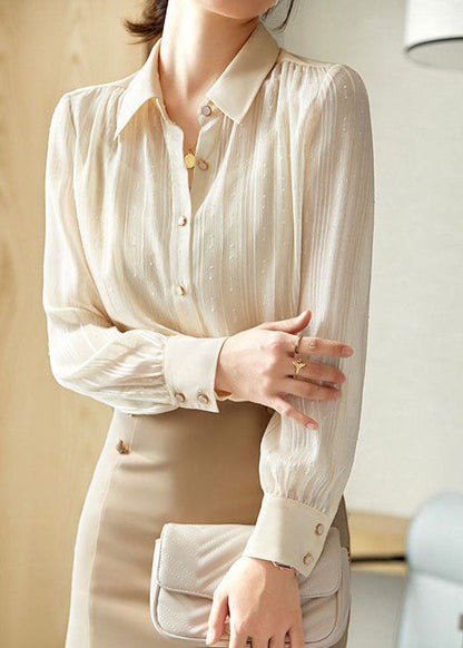 Fitted Apricot Peter Pan Collar Button Patchwork Chiffon Shirts Spring LY0373 - fabuloryshop