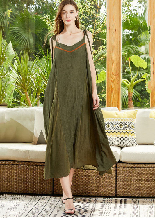 Fitted Army Green Oversized Patchwork Cotton Beach Dress Summer LY0245 - fabuloryshop