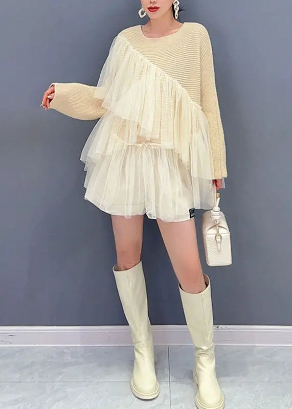 Fitted Beige O-Neck Asymmetrical Tulle Patchwork Knit Tops Fall Ada Fashion