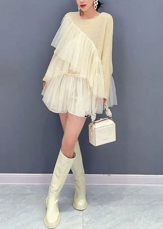 Fitted Beige O-Neck Asymmetrical Tulle Patchwork Knit Tops Fall Ada Fashion