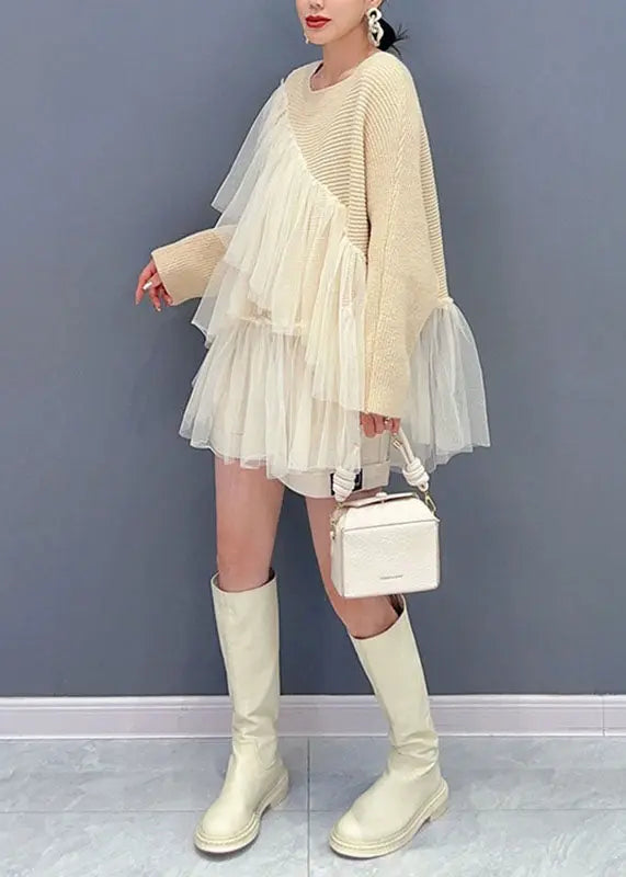 Fitted Beige O-Neck Asymmetrical Tulle Patchwork Knit Tops Fall Ada Fashion