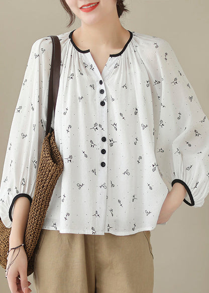 Fitted Beige Oversized Print Cotton Blouses Lantern Sleeve Ada Fashion