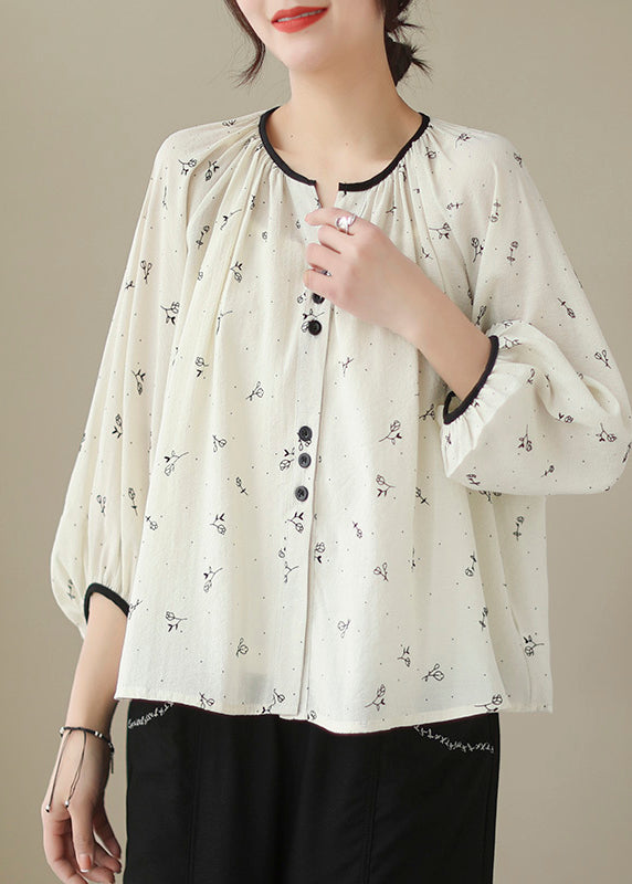 Fitted Beige Oversized Print Cotton Blouses Lantern Sleeve Ada Fashion