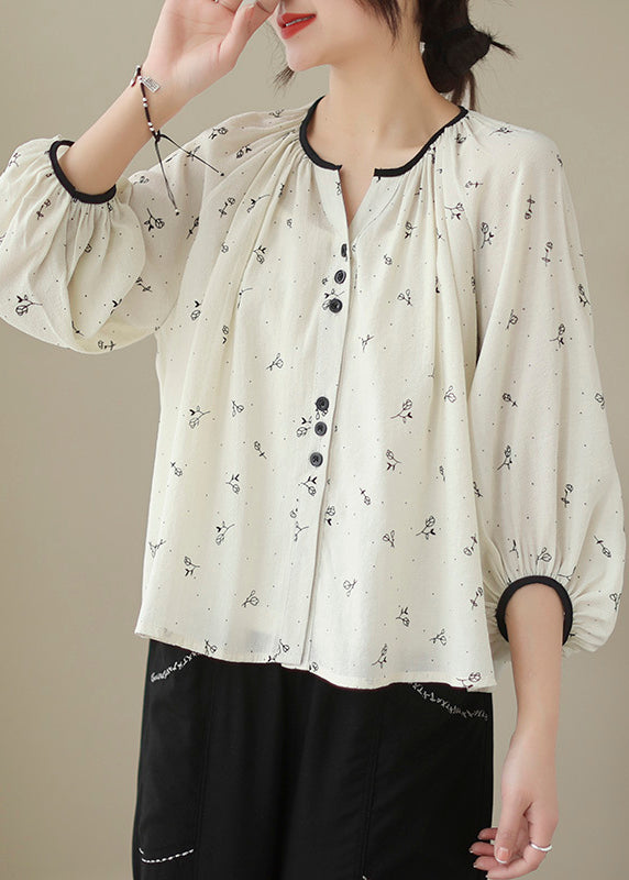 Fitted Beige Oversized Print Cotton Blouses Lantern Sleeve Ada Fashion