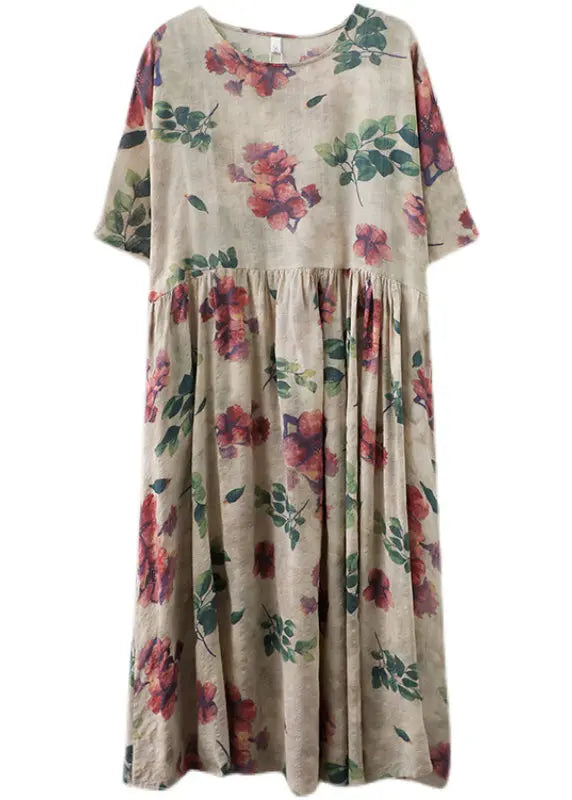 Fitted Beige Oversized Print Exra Large Hem Cotton Holiday Dress Summer Ada Fashion