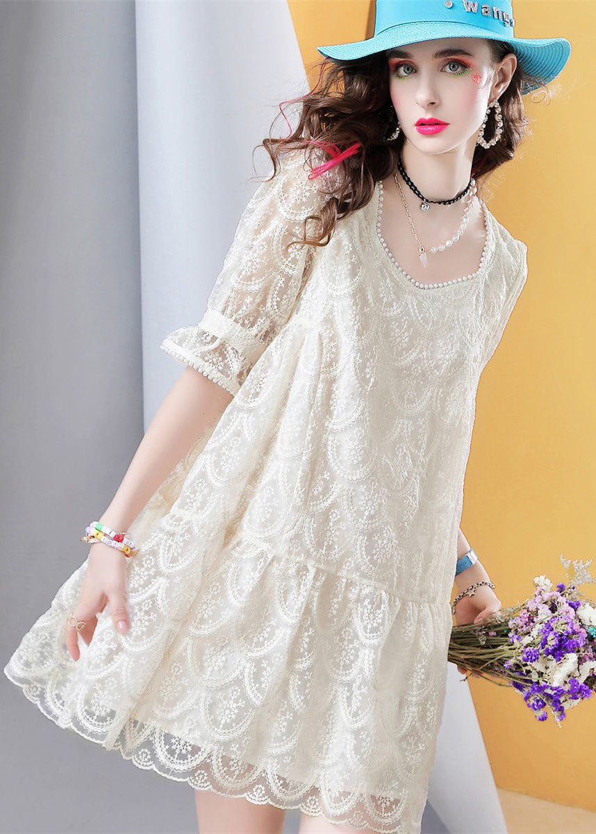 Fitted Beige Square Collar Nail bead Patchwork Lace Mid Dress Petal Sleeve LC0250 - fabuloryshop