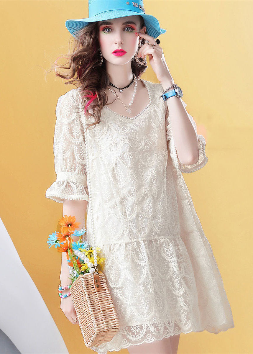 Fitted Beige Square Collar Nail bead Patchwork Lace Mid Dress Petal Sleeve LC0250 - fabuloryshop