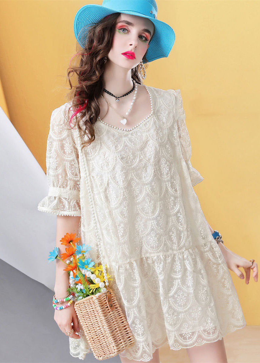 Fitted Beige Square Collar Nail bead Patchwork Lace Mid Dress Petal Sleeve LC0250 - fabuloryshop