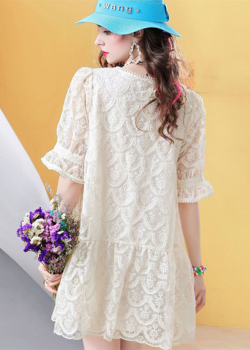 Fitted Beige Square Collar Nail bead Patchwork Lace Mid Dress Petal Sleeve LC0250 - fabuloryshop