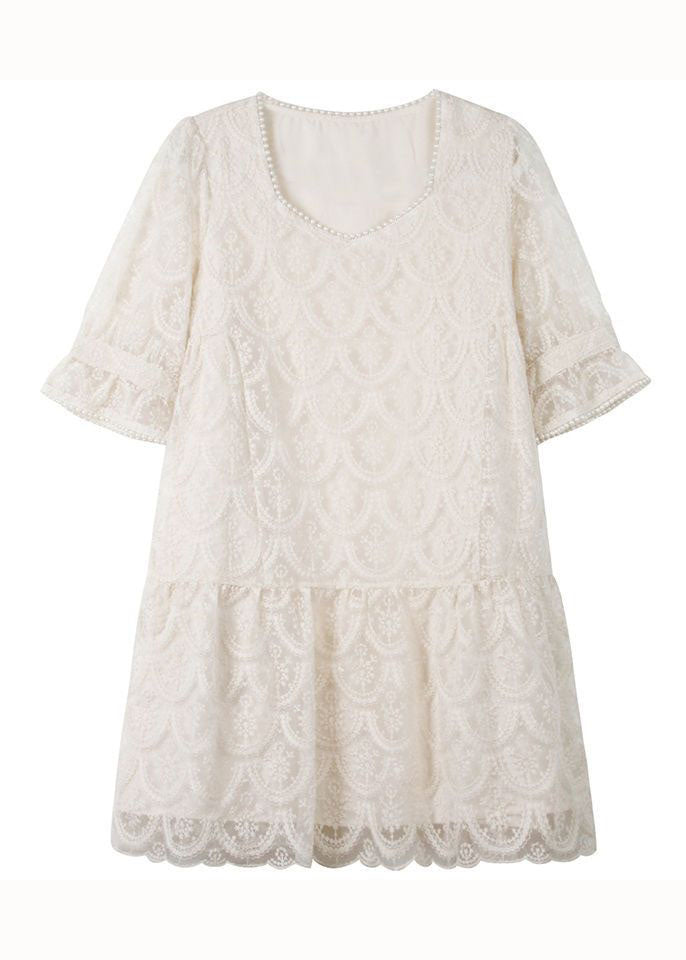 Fitted Beige Square Collar Nail bead Patchwork Lace Mid Dress Petal Sleeve LC0250 - fabuloryshop