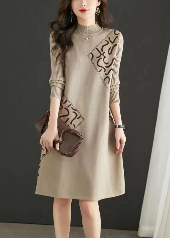 Fitted Beige Stand Collar Zircon Patchwork Knit Dress Fall Ada Fashion