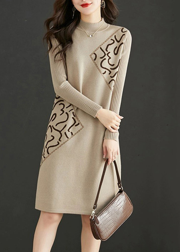 Fitted Beige Stand Collar Zircon Patchwork Knit Dress Fall Ada Fashion