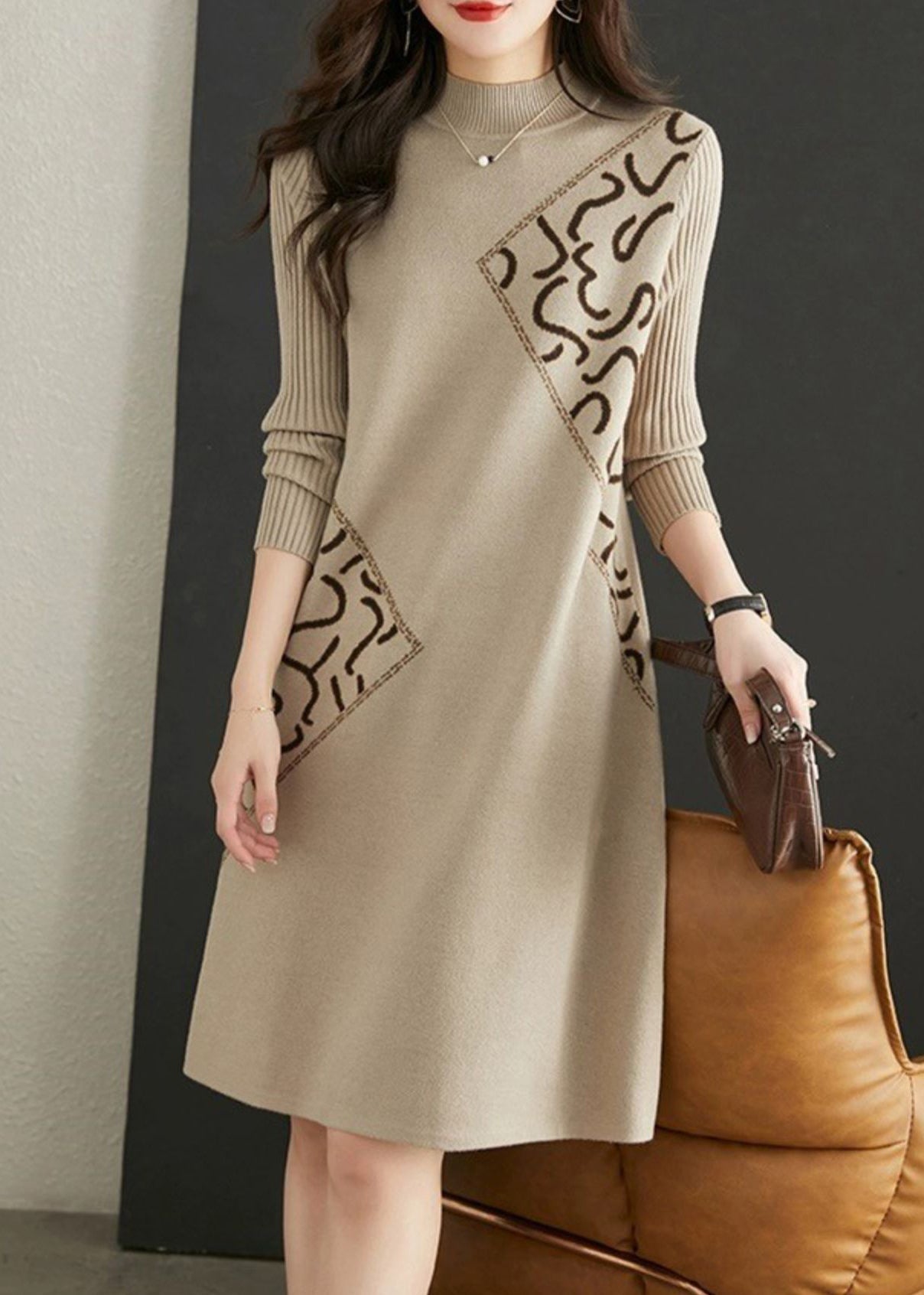 Fitted Beige Stand Collar Zircon Patchwork Knit Dress Fall Ada Fashion