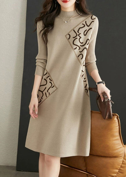 Fitted Beige Stand Collar Zircon Patchwork Knit Dress Fall Ada Fashion