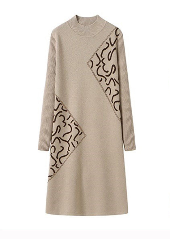 Fitted Beige Stand Collar Zircon Patchwork Knit Dress Fall Ada Fashion