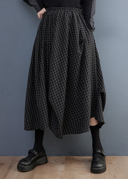 Fitted Black Asymmetrical Design Plaid Cotton Skirts Summer LY2394