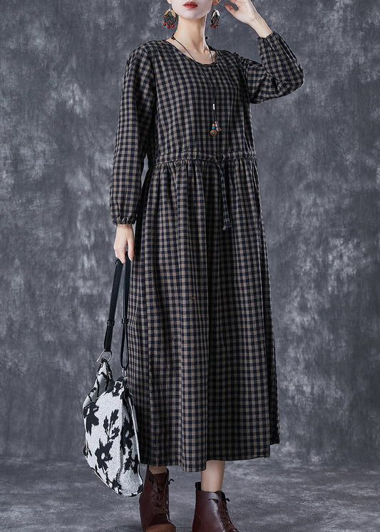 Fitted Black Cinched Plaid Linen Holiday Dress Fall TD1027 - fabuloryshop