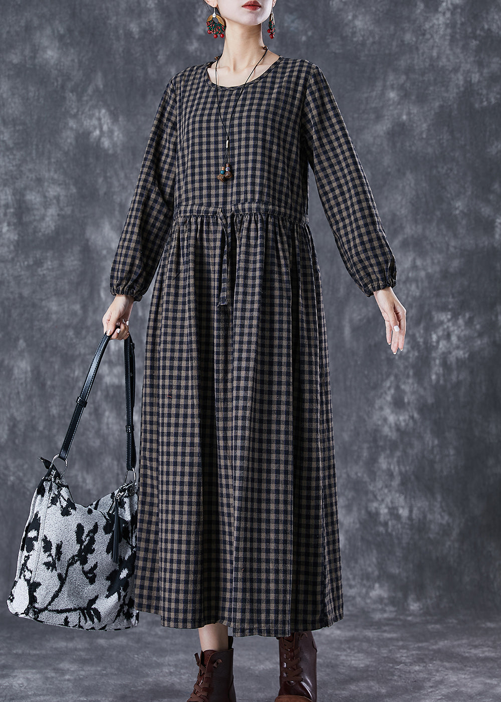 Fitted Black Cinched Plaid Linen Holiday Dress Fall TD1027 - fabuloryshop