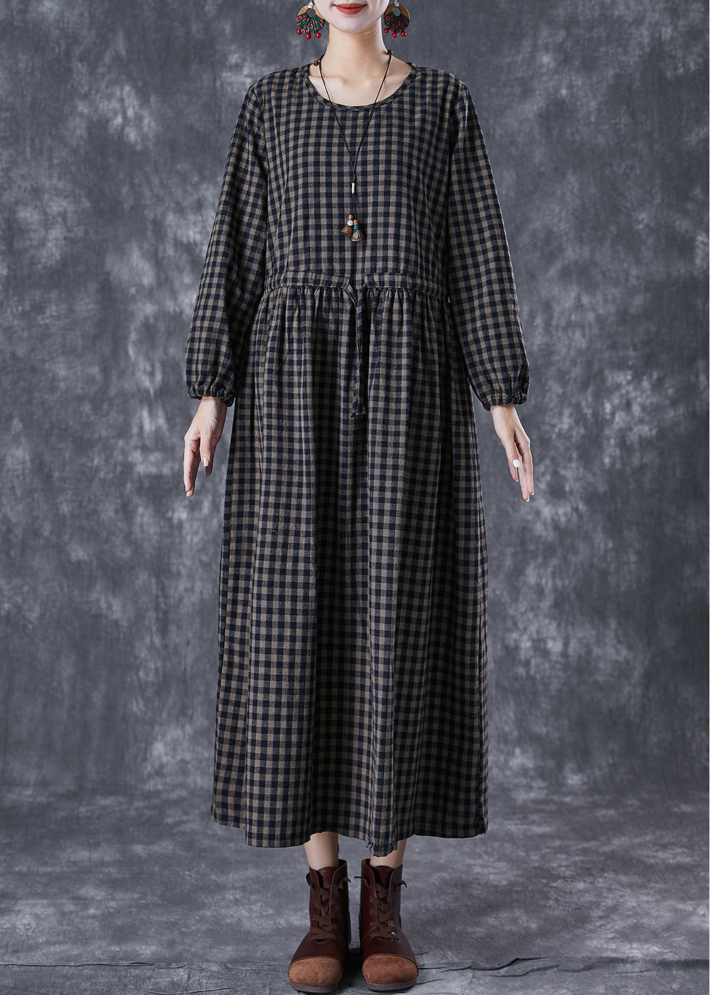 Fitted Black Cinched Plaid Linen Holiday Dress Fall TD1027 - fabuloryshop