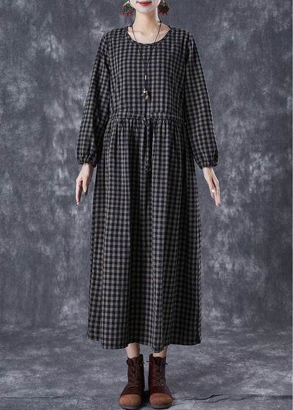 Fitted Black Cinched Plaid Linen Holiday Dress Fall TD1027 - fabuloryshop