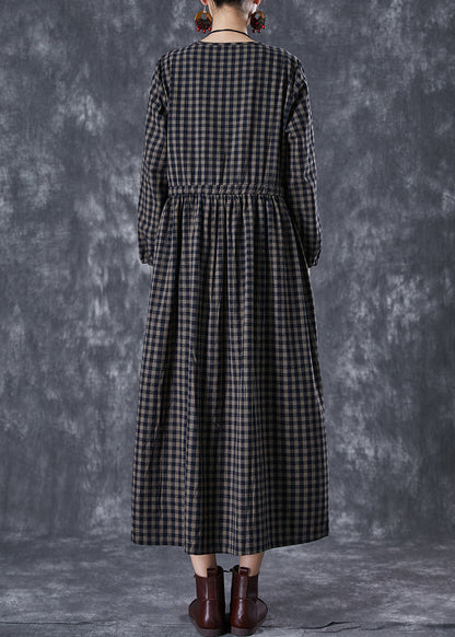 Fitted Black Cinched Plaid Linen Holiday Dress Fall TD1027 - fabuloryshop