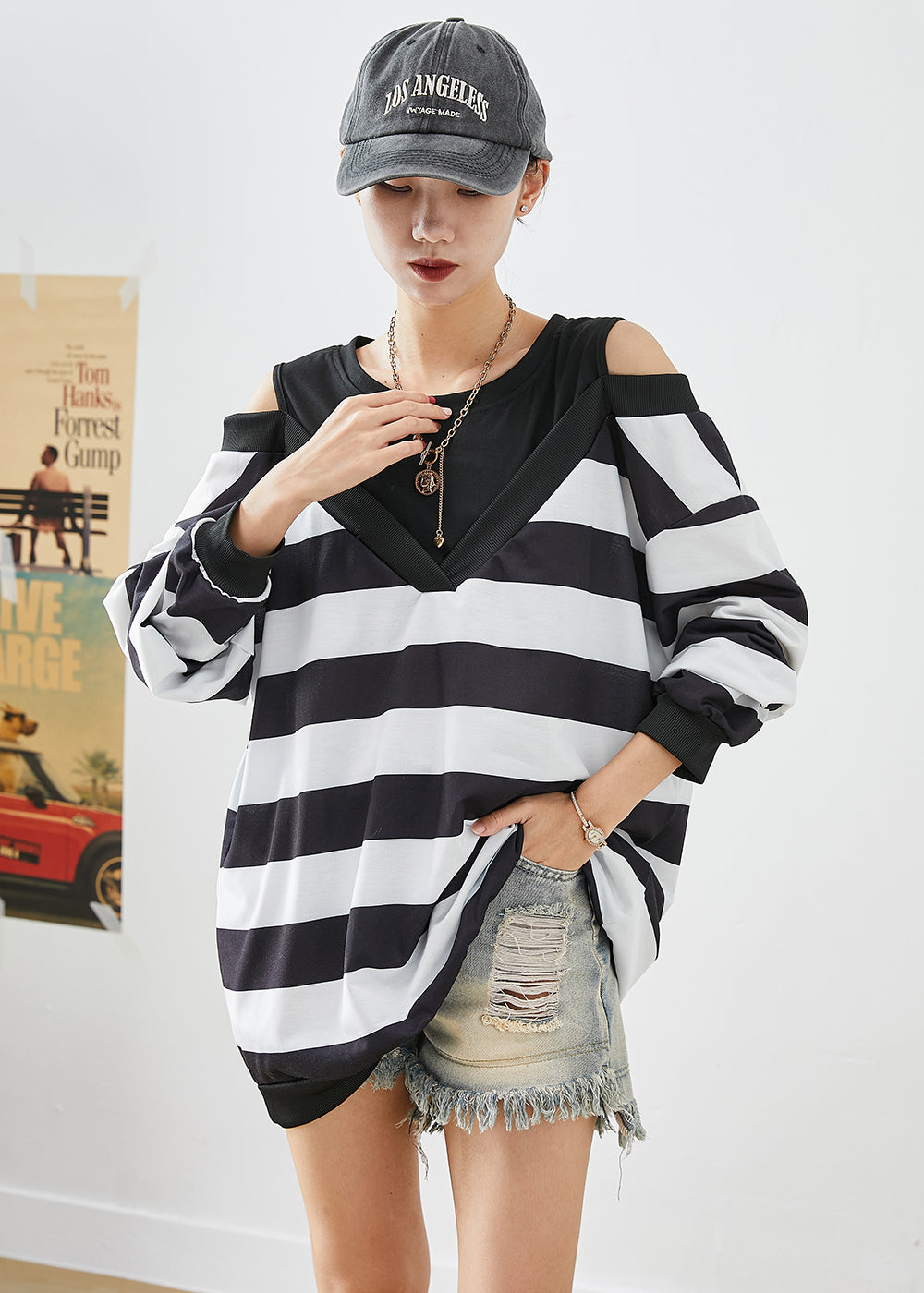 Fitted Black Cold Shoulder Patchwork Striped Cotton Sweatshirt Fall Ada Fashion