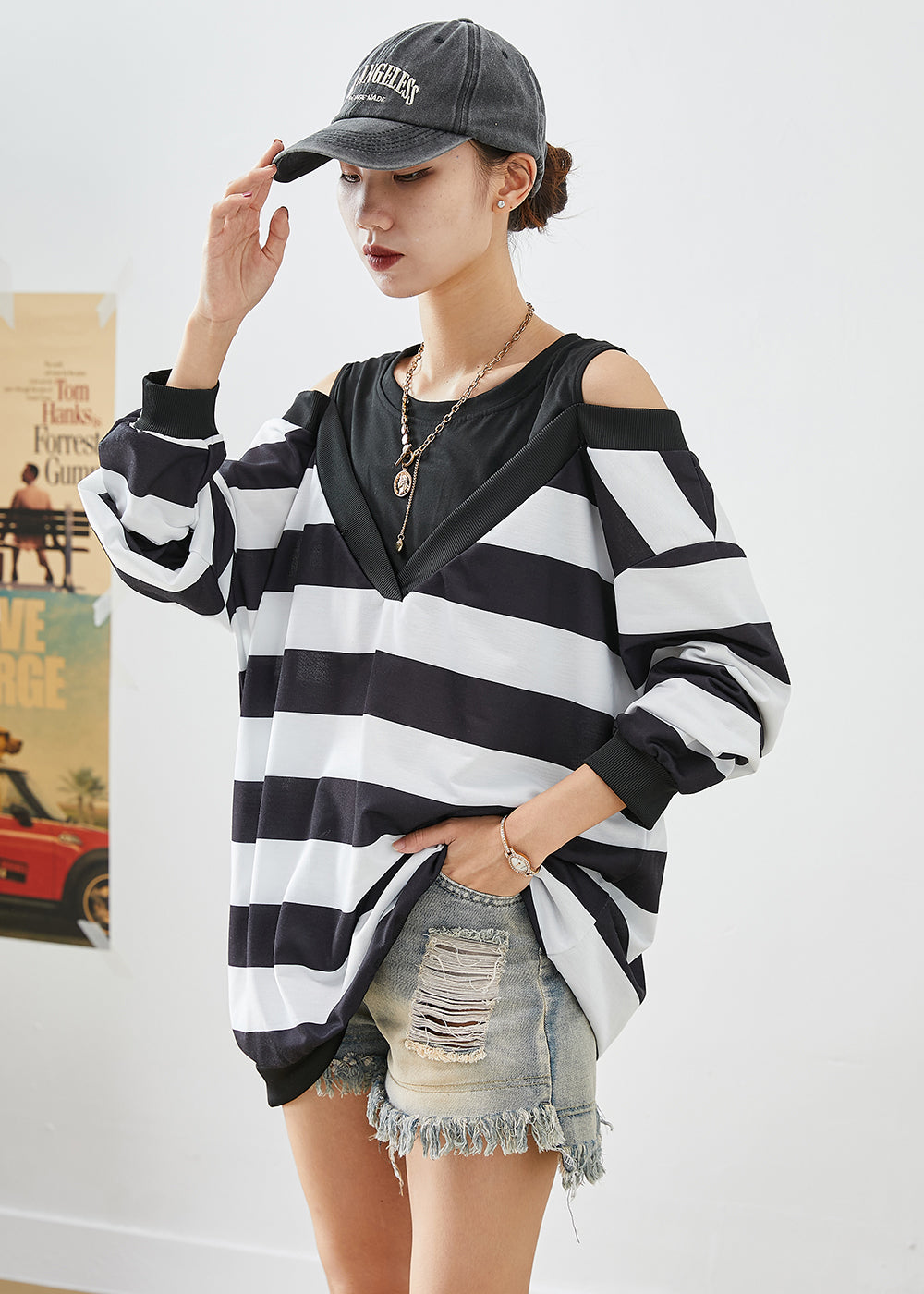 Fitted Black Cold Shoulder Patchwork Striped Cotton Sweatshirt Fall Ada Fashion