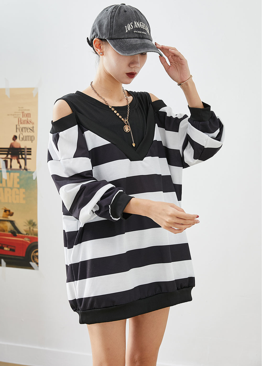 Fitted Black Cold Shoulder Patchwork Striped Cotton Sweatshirt Fall Ada Fashion