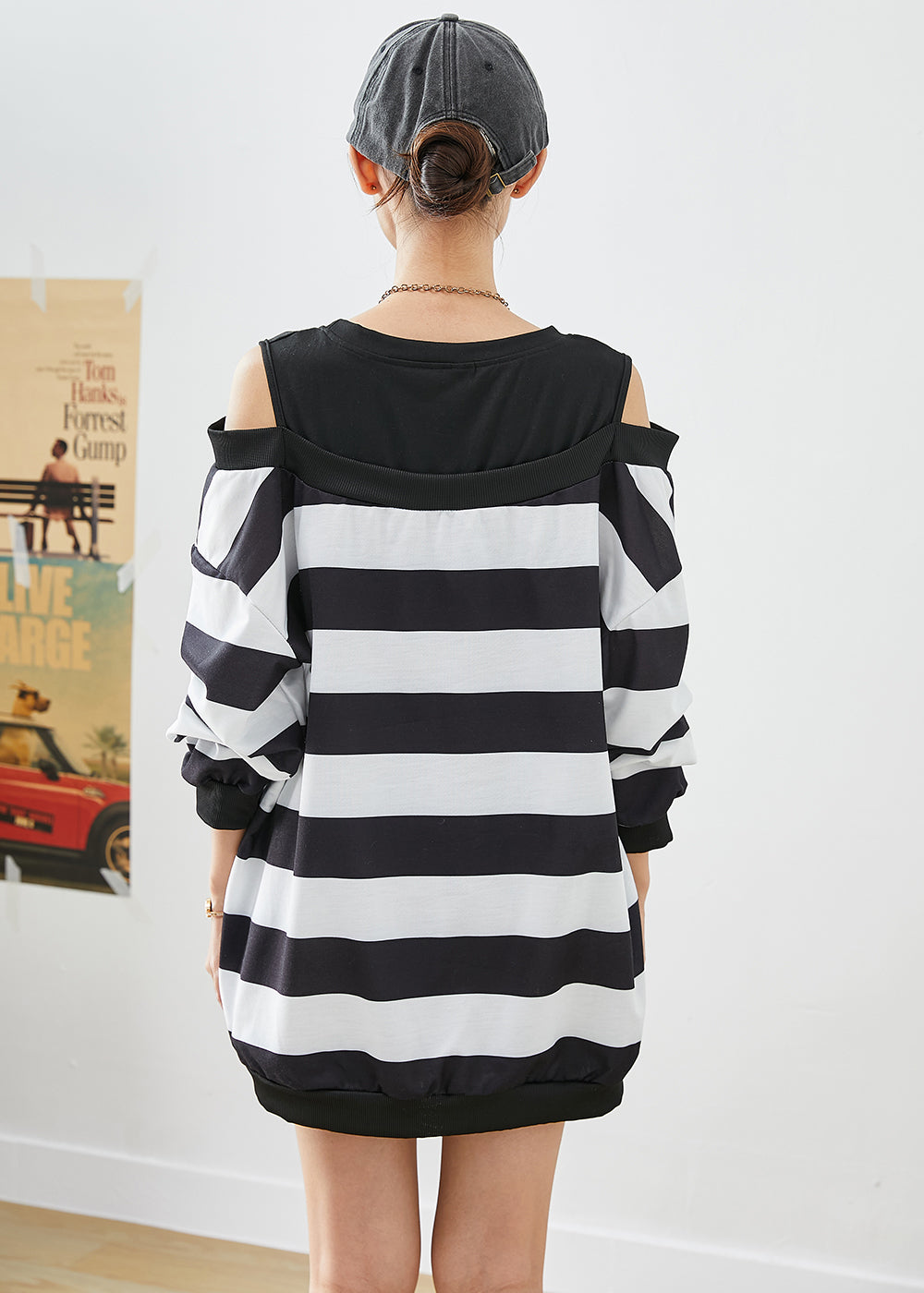 Fitted Black Cold Shoulder Patchwork Striped Cotton Sweatshirt Fall Ada Fashion