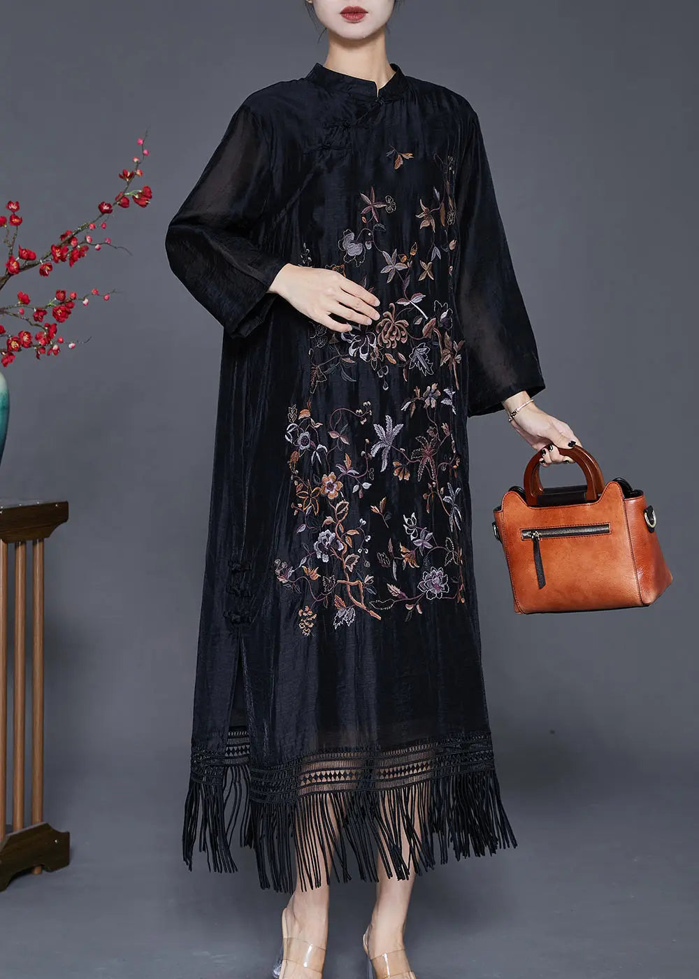 Fitted Black Embroideried Tasseled Linen Silk Ankle Dress Fall Ada Fashion