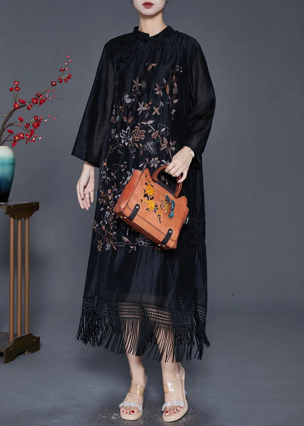 Fitted Black Embroideried Tasseled Linen Silk Ankle Dress Fall Ada Fashion