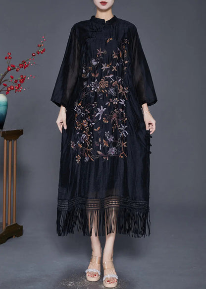 Fitted Black Embroideried Tasseled Linen Silk Ankle Dress Fall Ada Fashion