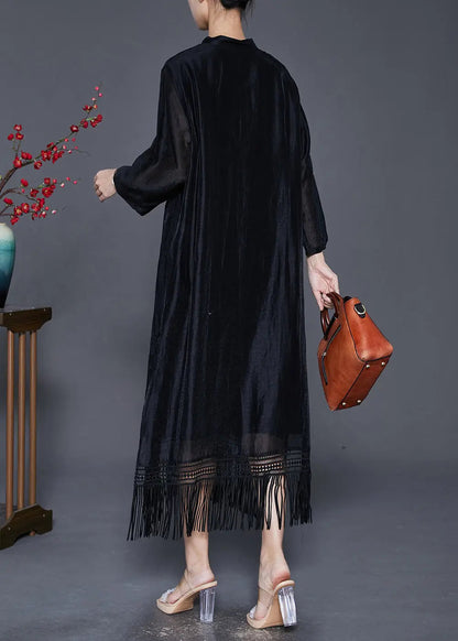 Fitted Black Embroideried Tasseled Linen Silk Ankle Dress Fall Ada Fashion