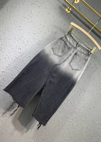 Fitted Black Grey Gradient Asymmetrical Pockets Patchwork Denim Skirts Fall Ada Fashion