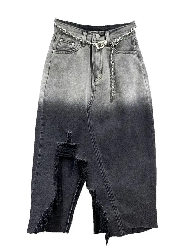 Fitted Black Grey Gradient Asymmetrical Pockets Patchwork Denim Skirts Fall Ada Fashion