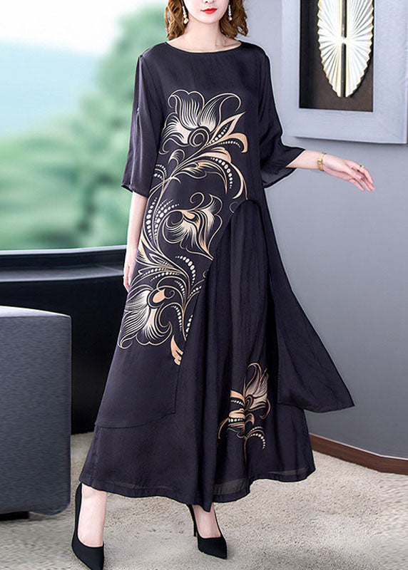 Fitted Black O-Neck Asymmetrical Print Patchwork Silk Two Pieces Set Summer LY5904 - fabuloryshop