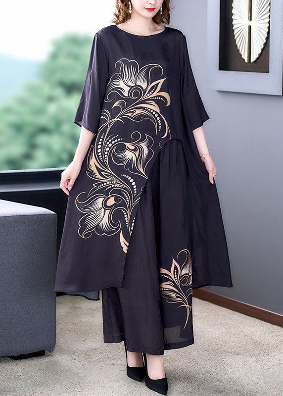 Fitted Black O-Neck Asymmetrical Print Patchwork Silk Two Pieces Set Summer LY5904 - fabuloryshop