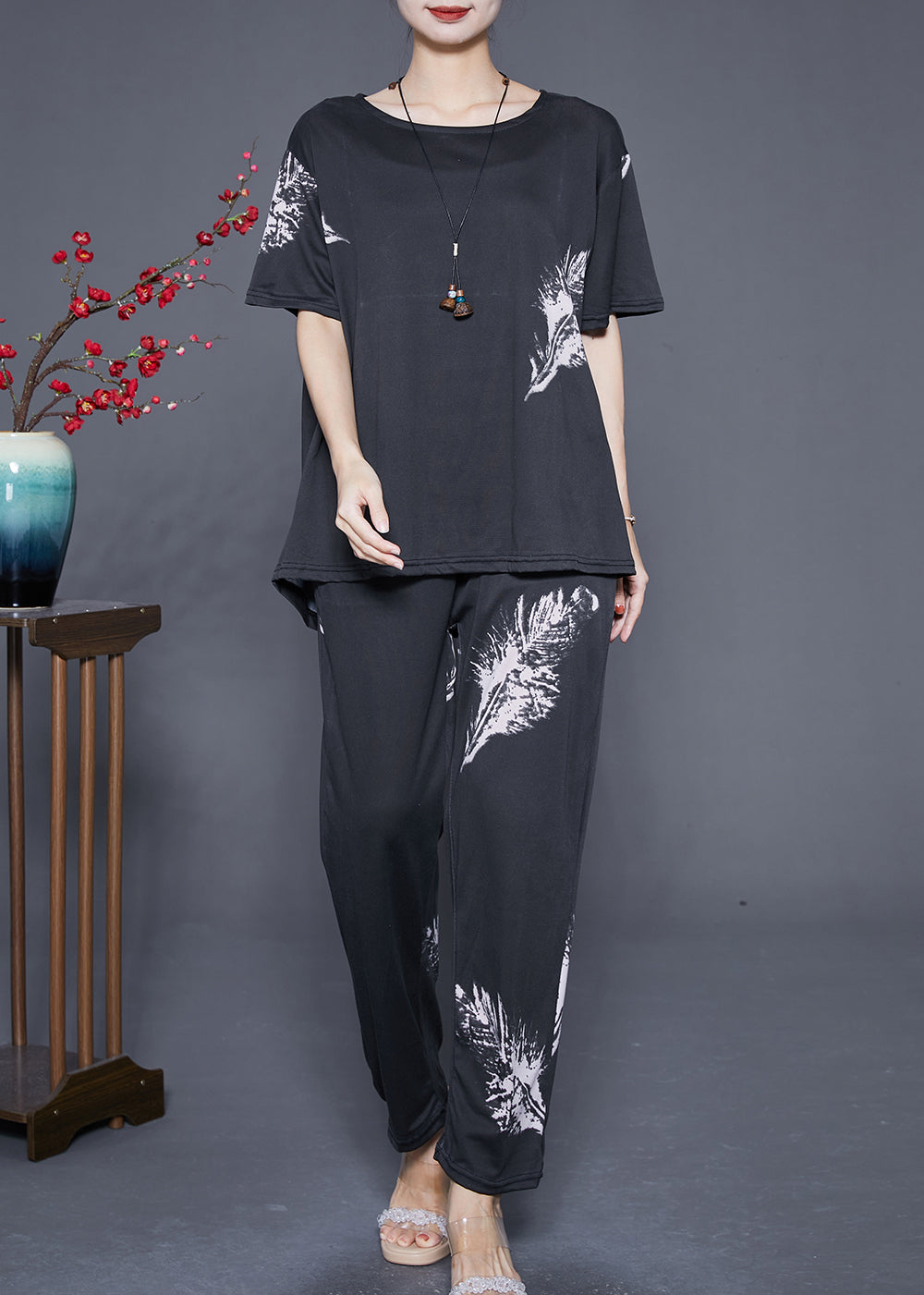 Fitted Black Oversized Feather Print Cotton Women Sets 2 Pieces Summer Ada Fashion