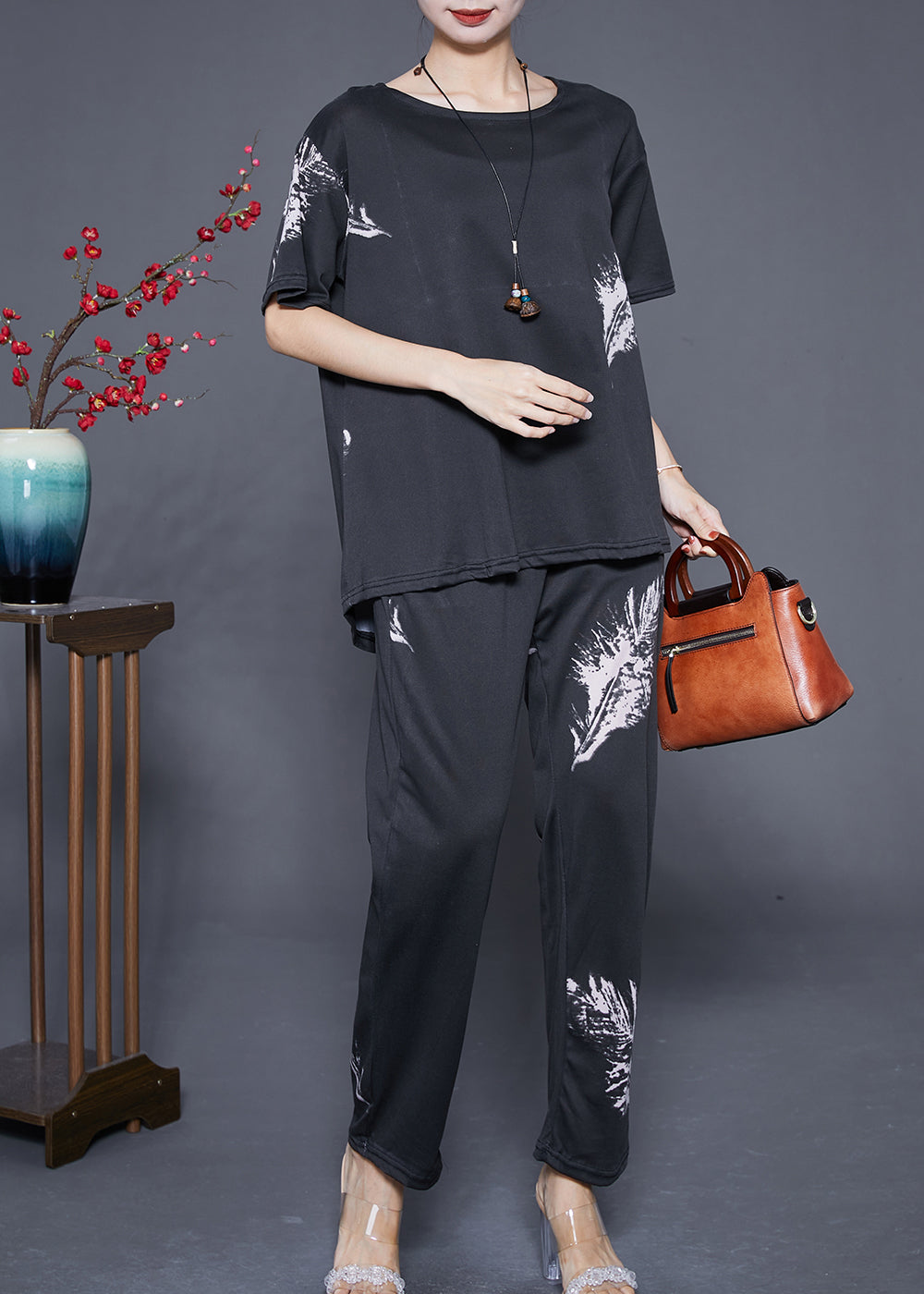 Fitted Black Oversized Feather Print Cotton Women Sets 2 Pieces Summer Ada Fashion