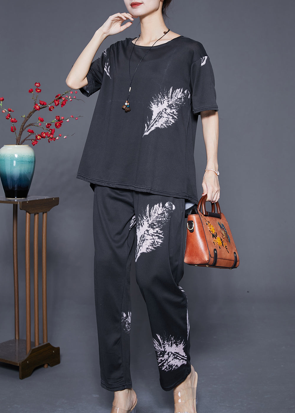 Fitted Black Oversized Feather Print Cotton Women Sets 2 Pieces Summer Ada Fashion