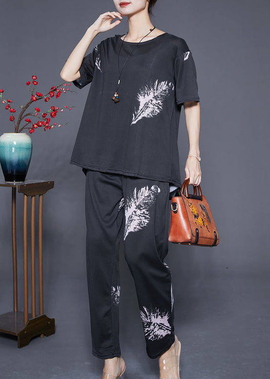 Fitted Black Oversized Feather Print Cotton Women Sets 2 Pieces Summer Ada Fashion
