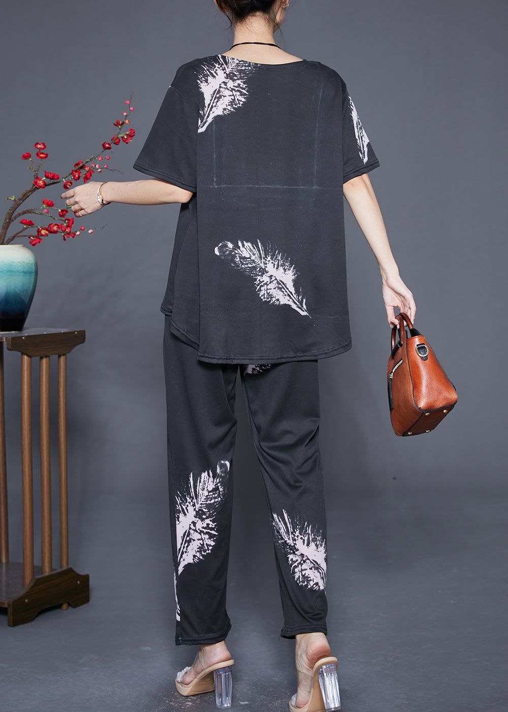 Fitted Black Oversized Feather Print Cotton Women Sets 2 Pieces Summer Ada Fashion