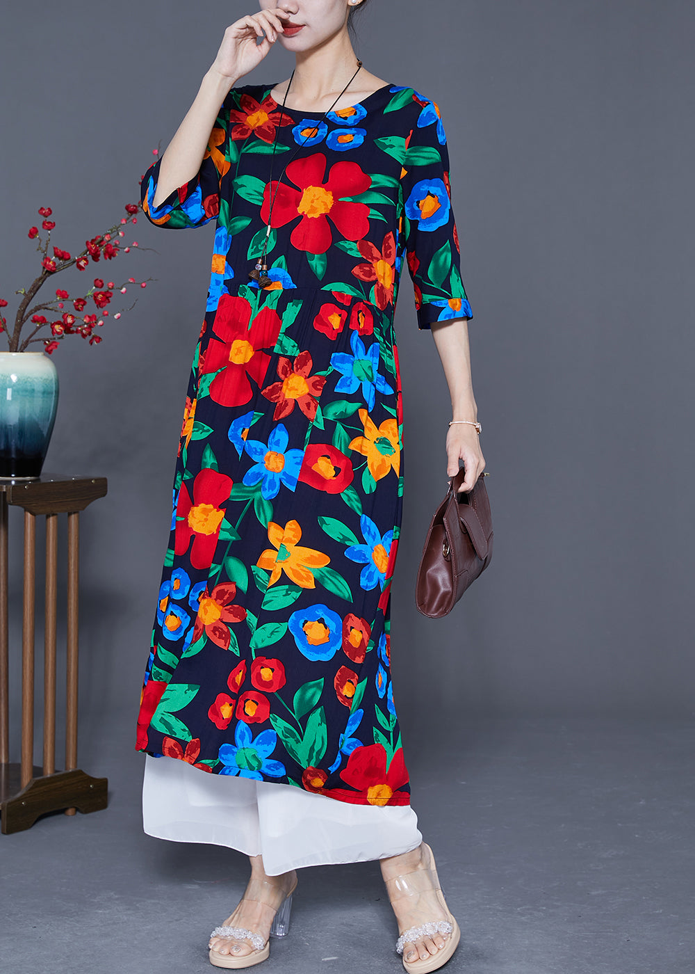 Fitted Black Oversized Print Cotton Long Dress Half Sleeve LY5422 - fabuloryshop