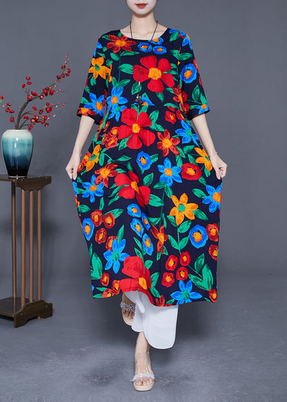 Fitted Black Oversized Print Cotton Long Dress Half Sleeve LY5422 - fabuloryshop