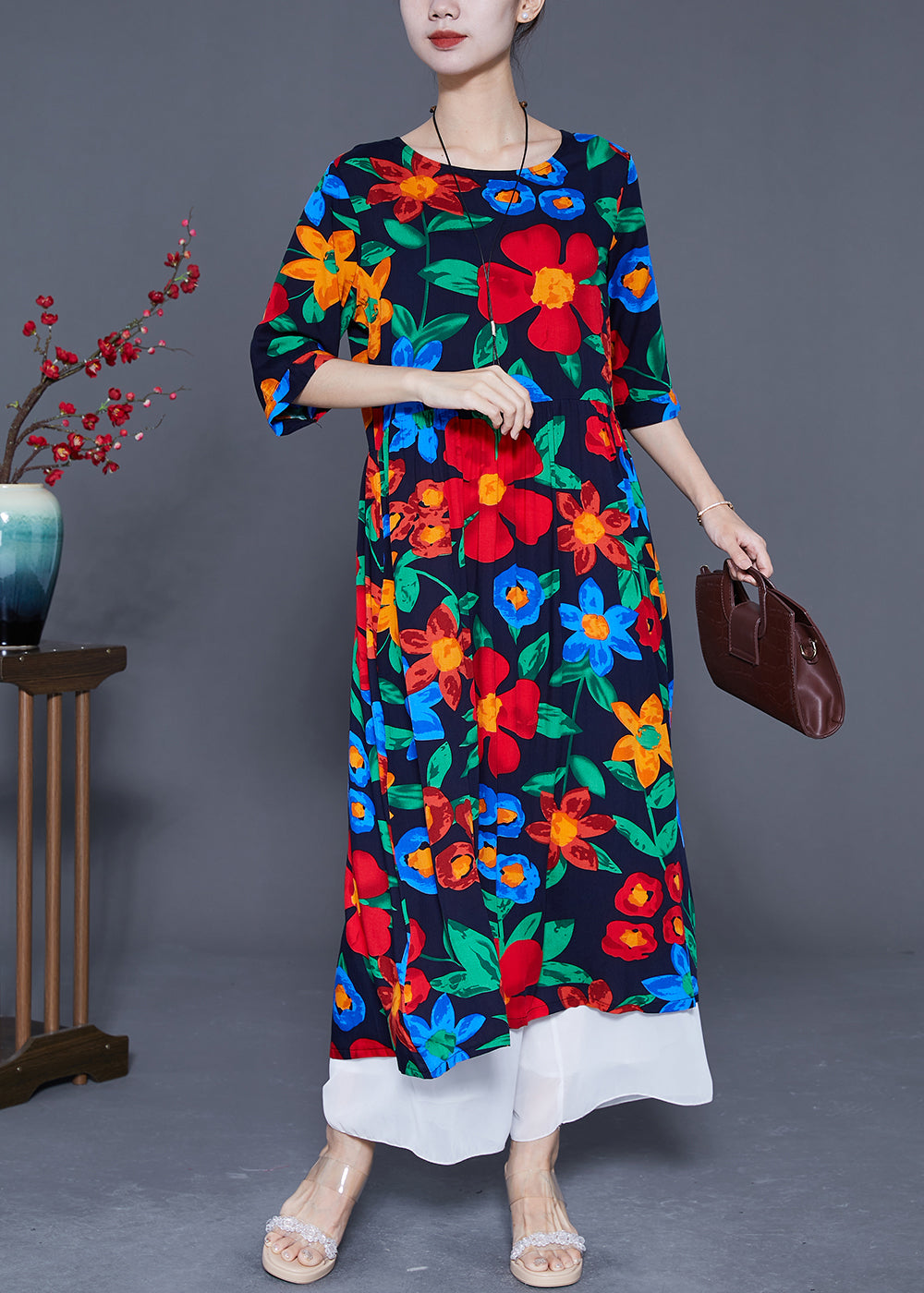 Fitted Black Oversized Print Cotton Long Dress Half Sleeve LY5422 - fabuloryshop