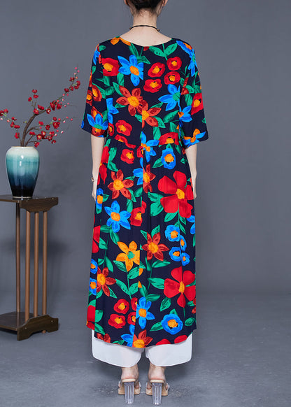 Fitted Black Oversized Print Cotton Long Dress Half Sleeve LY5422 - fabuloryshop