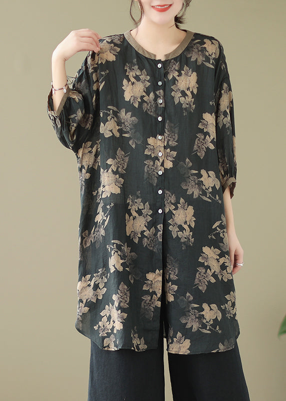 Fitted Black Oversized Print Linen Shirt Dress Lantern Sleeve LY4887 - fabuloryshop