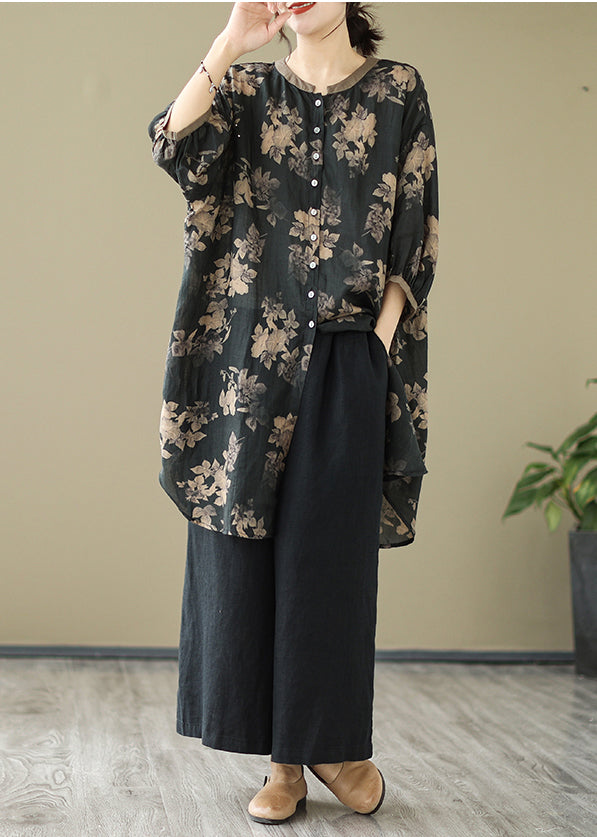 Fitted Black Oversized Print Linen Shirt Dress Lantern Sleeve LY4887 - fabuloryshop