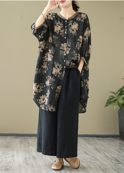 Fitted Black Oversized Print Linen Shirt Dress Lantern Sleeve LY4887 - fabuloryshop